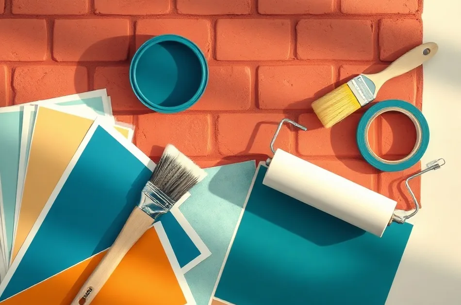 Pots de peinture, nuancier, brosses et rouleaux disposés à plat