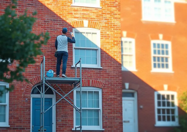 Peintre sur échafaudage traitant la façade d'une maison